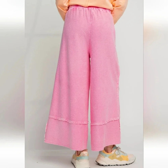 New! Easel Hot Pink Legs Up Washed Terry Knit Wide Leg Palazzo Pants M - Picture 3 of 3